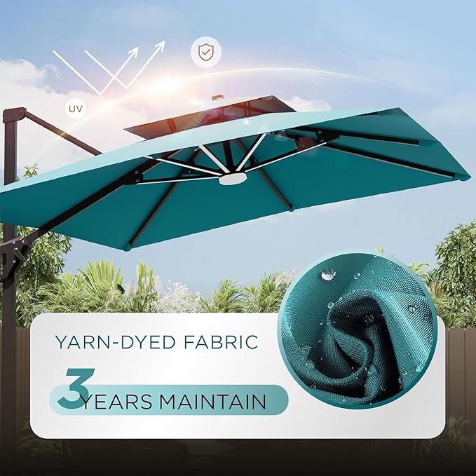 Deconk 10' X 13' Patio Umbrella with LED Lights Outdoor Cantilever Large Rectangle Offset Umbrellas Heavy Duty Aluminum Double Top with 360-degree Rotation for Pool Garden Deck, Turquoise