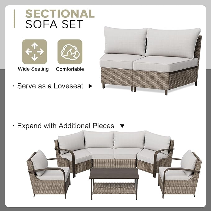 COOS BAY Aurora Terrace 6 Piece Outdoor Sectional Furniture Set, Half Moon Rattan Wicker Conversation Set with Patio Chairs, 4 Seat Sofa & Coffee Table for Patio Garden Yard, Beige/Beige