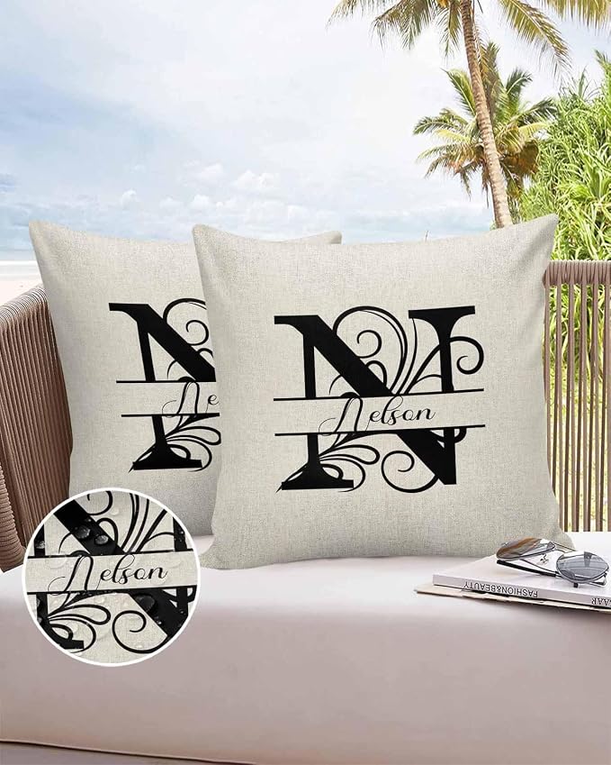 Personalized Gifts for Women/Men, Custom Pillow Case with Name Outdoor Waterproof Pillowcase, Letter N Customized Pillow Cases for Patio, Monogram Words Customs Pillow Cover 18" x 18", 2 Pcs