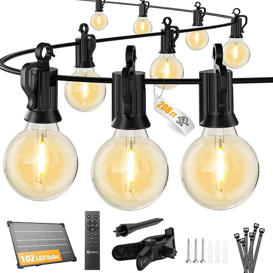 Brightown 208FT 102LED Solar String Lights Outdoor with Remote & USB Port | Shatterproof Bulbs, Dimmable & Timable, 3 Modes, Solar Patio Lights with a Mount Clip for Camping Backyard Garden Decor