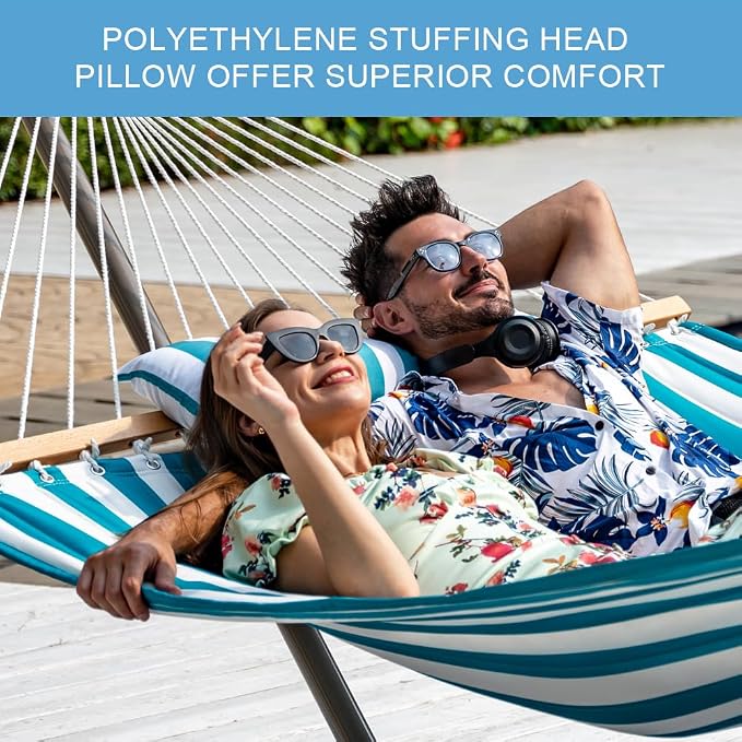 Lazy Daze Hammocks 12FT Quilted Fabric Double Hammock with Spreader Bars and Detachable Pillow, 2 Person Hammock for Outdoor Patio Backyard Poolside, 450 LBS Weight Capacity, Sailor Stripe