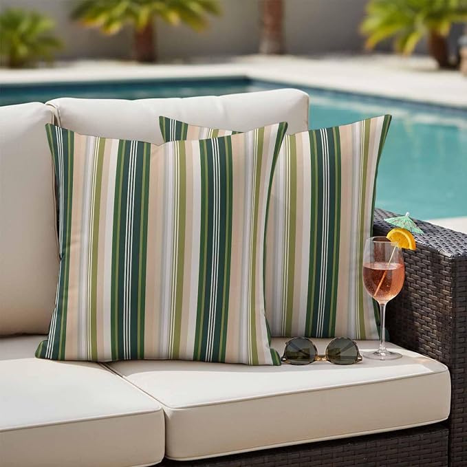 Green Brown Striped Outdoor Pillow Covers 26x26 Inch Throw Pillow Covers Set of 2 Waterproof Decorative Pillow Cases Modern Stripes Art Farmhouse Cushion Covers for Patio Furniture Garden Couch Sofa