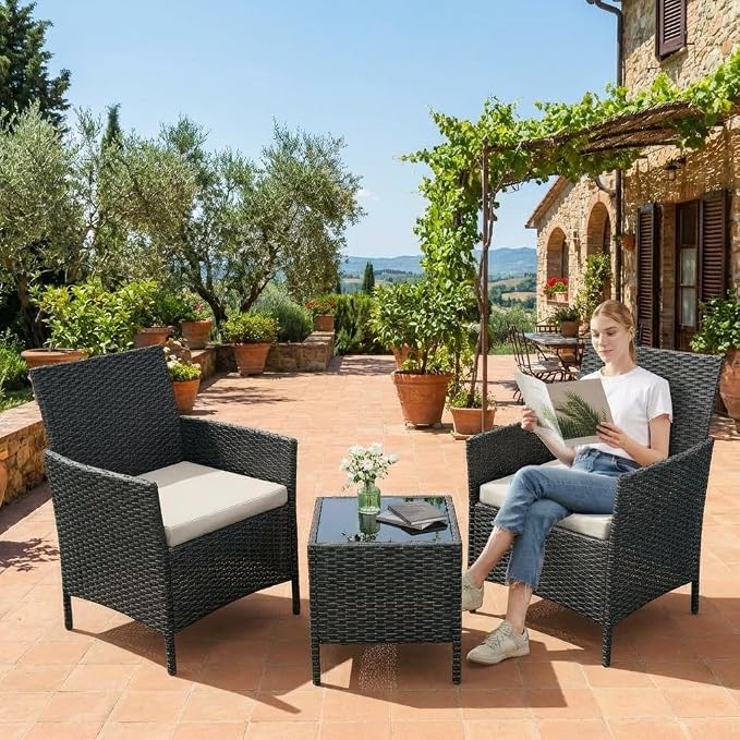 3PCS Outdoor Patio Bistro Set, PE Wicker Armchairs with Coffee Table, Beige