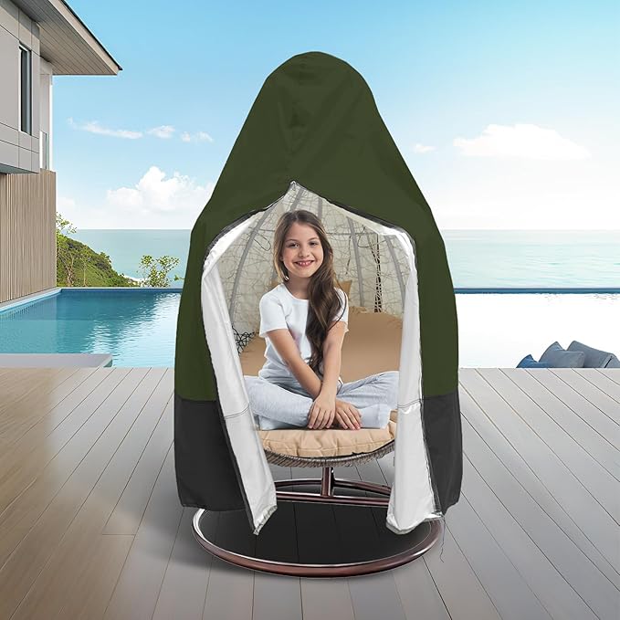 Garden egg chair cover with zipper , Outdoor hanging egg chair cover , UV protection ,Windproof ,Dutyproof, Waterproof,Fits single seat egg chair,75 x 45inch,Green.