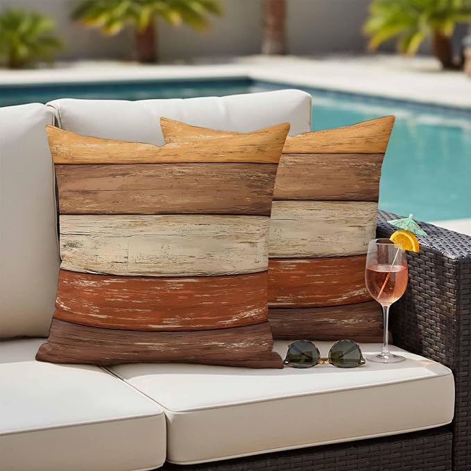 Farmhouse Burnt Orange Brown Outdoor Waterproof Pillow Covers, Vintage Wooden Striped Decorative Square Throw Pillowcase Sofa Cushion Sham for Patio/Couch/Chair, 24"x24" 2 Pack