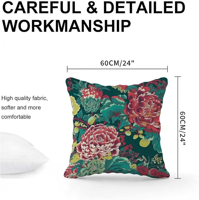 Pillow Cover Chinoiserie Red Peony Floral Pillowcase Modern Green and Pink Pillow Cover Accent Farmhouse Decor Pillow for Patio Furniture Garden 24x24 in