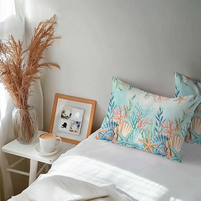 Lumbar Pillow Covers 20x12 Inch Set of 2, Ocean Starfish Seaweed Waterproof Outdoor Pillow Covers, Summer Coastal Beach Shell Coral Teal Decorative Cushion Pillowcases for Couch, Sofa, Bed, Patio