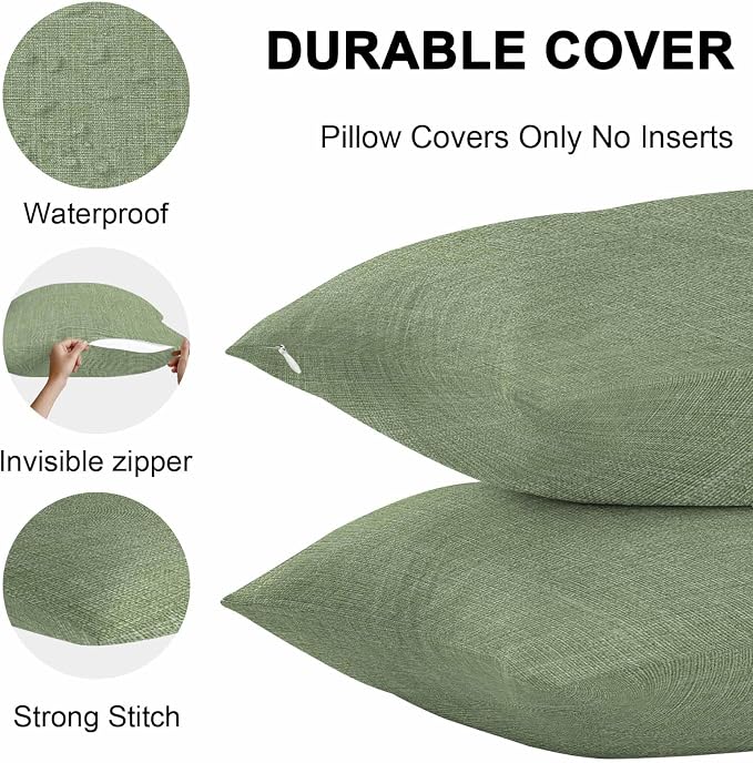 Vandarllin Outdoor Throw Pillows Covers 18x18 inch Set of 2 Waterproof Sage Green Linen Decorative Zippered Cushion Covers for Patio Furniture, Farmhouse Pure Color Lumbar Pillowcases