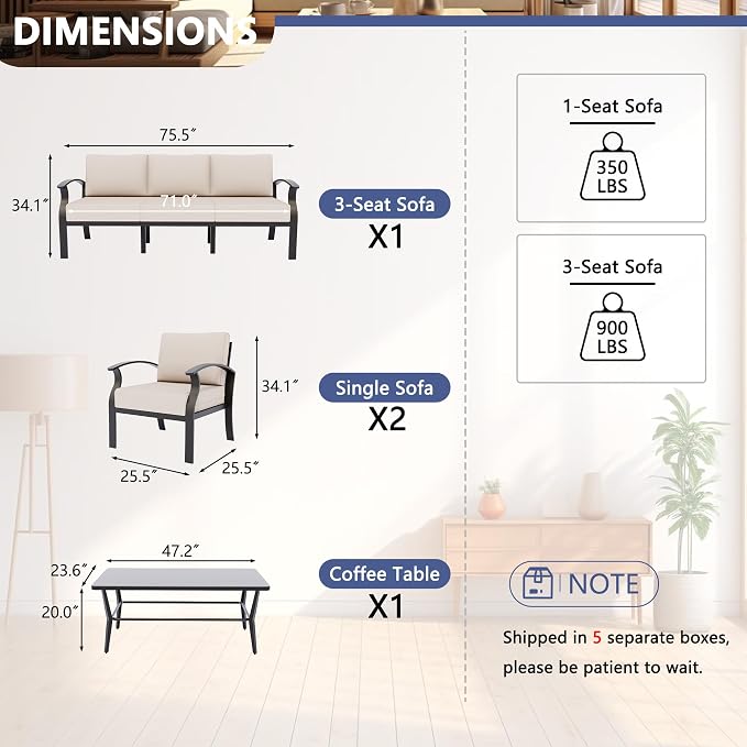 Kurapika Aluminum Patio Furniture Set 5-Seat Modern Metal Outdoor Conversation Sets w/5.1 Inch Cushion Patio Sectional Sofa with Rectangular Coffee Table, Sand