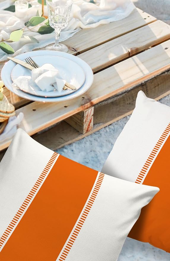 Outdoor Waterproof Throw Pillow Covers 26 x 26 Inches Set of 2 Orange White Stripes Minimalist Simple Pattern Decorative Cushion Cover Pillowcase for Garden Patio Tent Beach Livingroom Sofa Couch