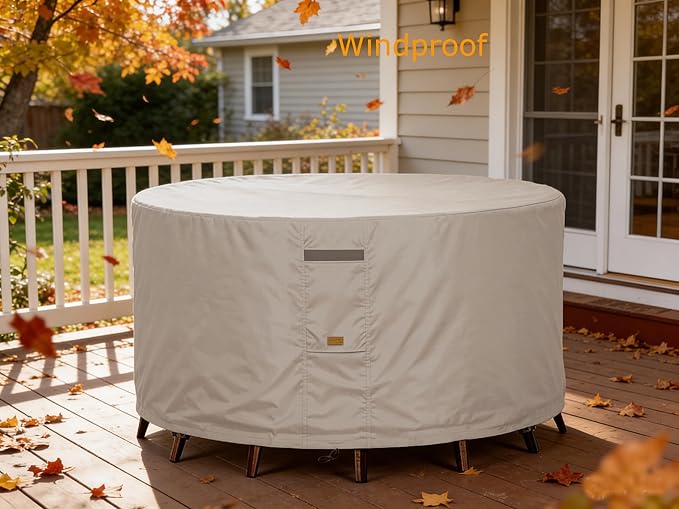 600D Heavy Duty Waterproof Patio Furniture Covers UV Resistant Round Outdoor Table Chair Covers Medium Round 62"Diax28"H Beige