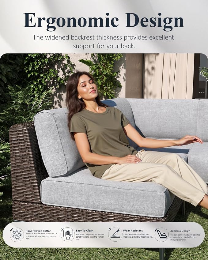 LayinSun 7-Piece Outdoor Modular Wicker Sectional Sofa with Fire Pit Table, Patio Furniture Conversation Set with Deep Seating and Thick Cushions