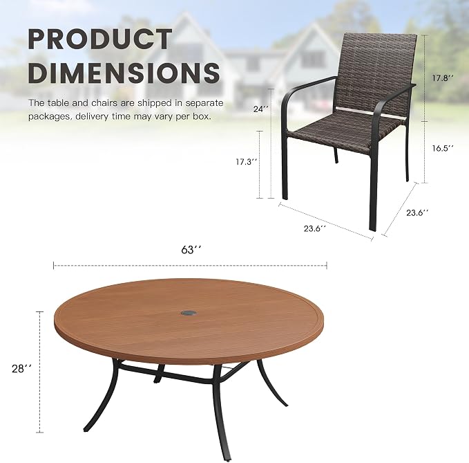 Outdoor Dining Set for 10, 63" Metal Round Outdoor Dining Table with Umbrella Hole and Wicker Stackable Patio Chairs, 11 Pieces Patio Table and Chairs Set for Garden Backyard, Walnut
