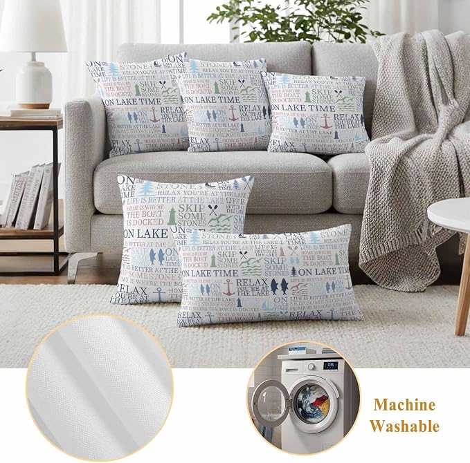 Lake Life Outdoor Pillow Covers Set of 2 Colorful Word Pine Tree Boat Paddle Lighthouse Fish Waterproof Throw Pillow Cover Decorative Cushion Cases for Patio Porch Garden 20X12 Inch