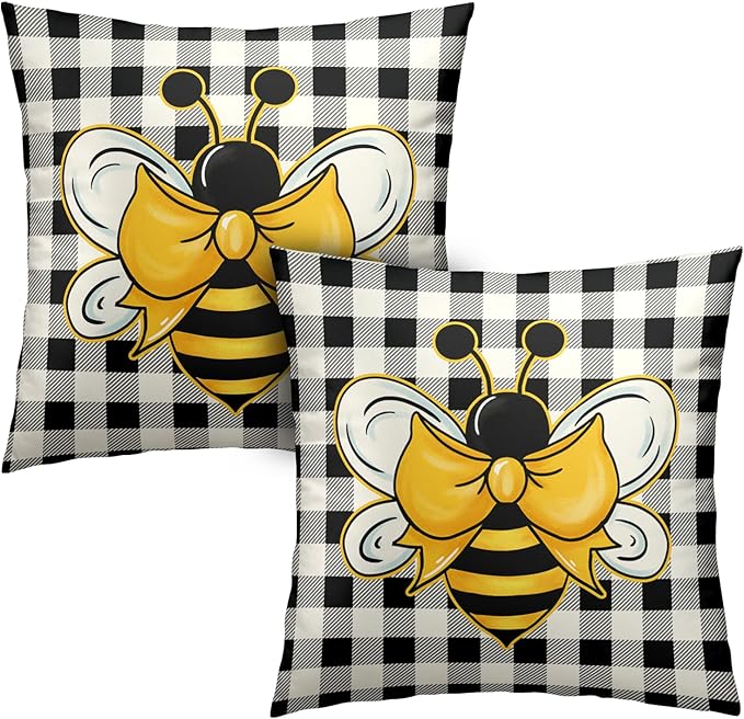 2 Pack Bee Themed Decor Pillow Covers 22x22 Black and White Plaid Throw Pillow Covers Spring Summer Pillowcase Soft Touch Cotton Blend Farmhouse Decor for Indoor Sofa Bed