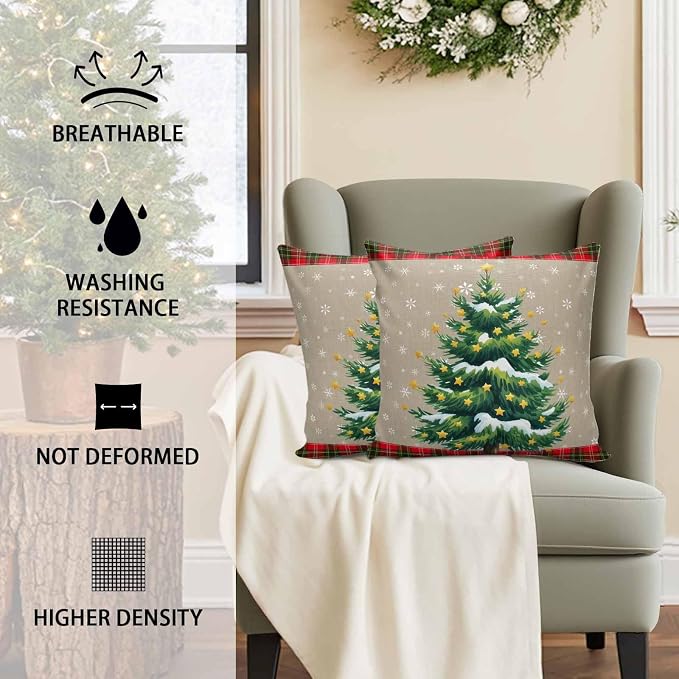 Outdoor Waterproof Throw Pillow Covers, Christmas Trees Winter Snowflake Green Red Tartan Plaid Vintage Burlap Pattern Pillowcases Cushion Covers Cases for Patio Couch Bench, Pack of 2, 20X12 Inch