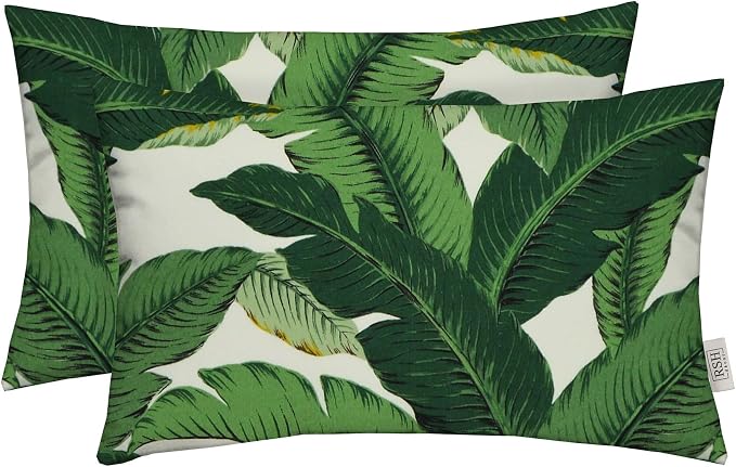 RSH DECOR: Lumbar Throw Pillows Set of 2 | 20" x 12" | All-Weather Spun Fabric | Water and Fade-Resistant | Outdoor Support Pillows for Patio Furniture | Swaying Palms Aloe