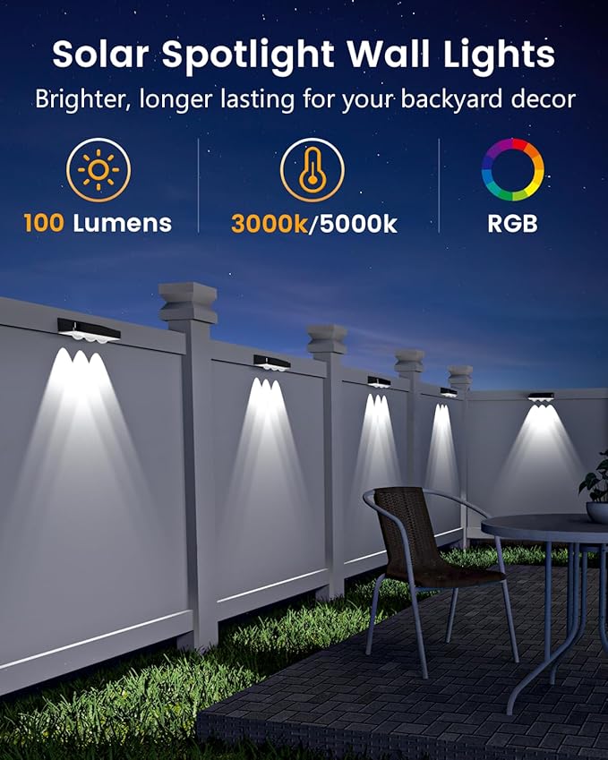 JOFIOS Solar Fence Lights Outdoor Waterproof Led, 12Pack,1300mAh,6 Inch Solar Lights for Fence with Warm White & RGB 8 Colors,Outdoor Solar Lights for Patio, Backyard, Deck, Fence, Railing (Black)