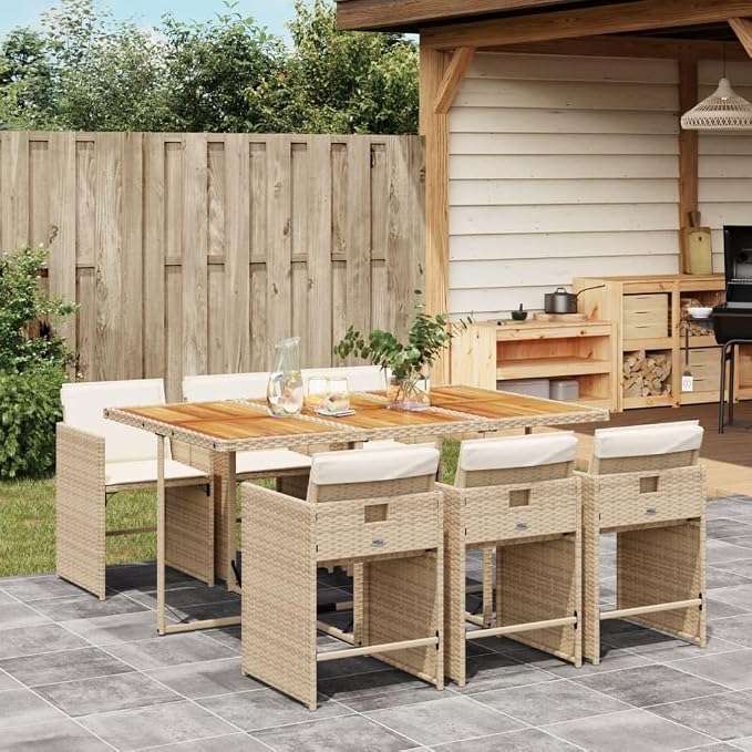 7 Piece Outdoor Patio Dining Set, PE Rattan Garden Table and 6 Chairs with Comfortable Cushions for Backyard Deck Poolside
