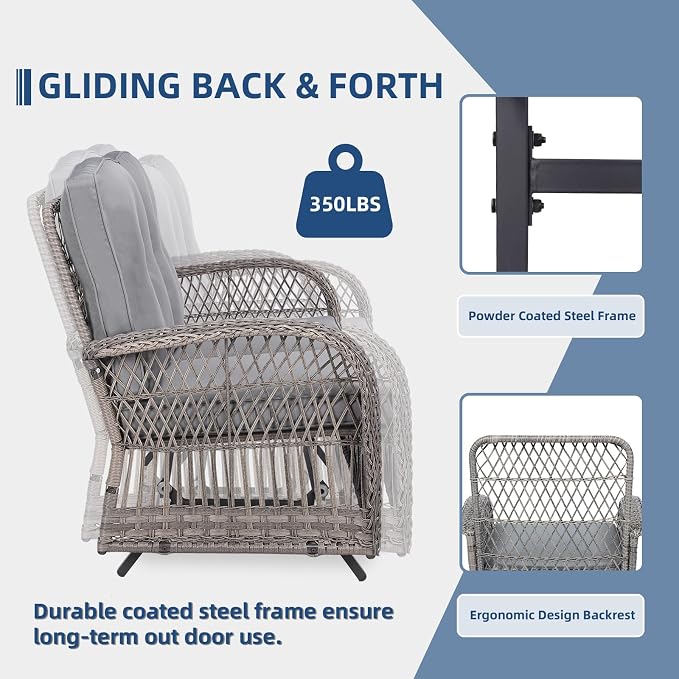 4-Piece Wicker Patio Furniture Sets Outdoor All-Weather Rattan Conversation Set Includes Glider Loveseat, Glass-Top Coffee Table, 2 Glider Rocker Chairs with Thickened Cushions, Gray