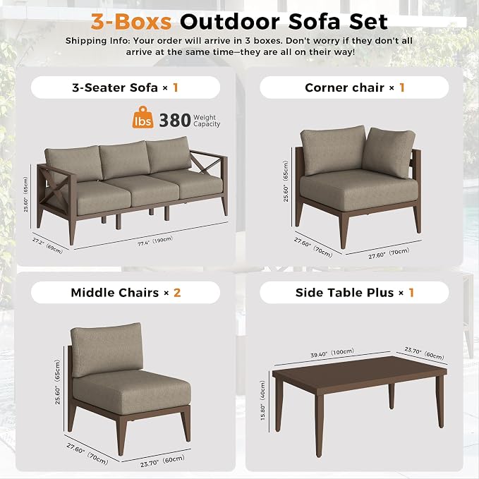 Aluminum Outdoor Patio Furniture Set with 5.2" Thick Cushions, 7-Piece Outdoor Sectional with Coffee Table, Patio Conversation Sets for Backyard,(Brown,6 Seats)