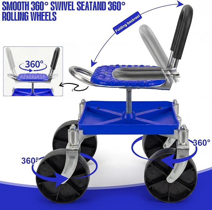 Heavy-Duty 360° Swivel Rolling Garden Seat, 330 lbs Capacity, Height Adjustable 20-24 in, with Work Gloves for Weeding, Planting, Car Detailing