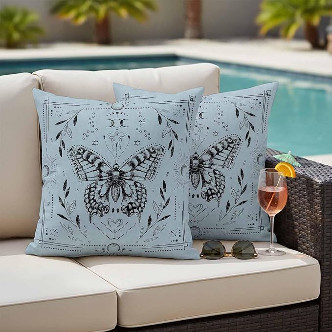 Magical Theme Outdoor Pillow Covers Set of 2 Witchy Art Butterfly Sun and Moon Waterproof Throw Pillow Cover Decorative Cushion Cases for Patio Porch Garden 20X20 Inch