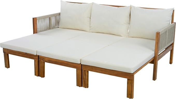 JIVOIT Outdoor Patio Daybed with Rope-Woven Armrests, Convertible Outdoor Sleeper Sofa with Acacia Wood Frame, 3 Seat Patio Sunbed for Backyard, Pool (Beige/85)