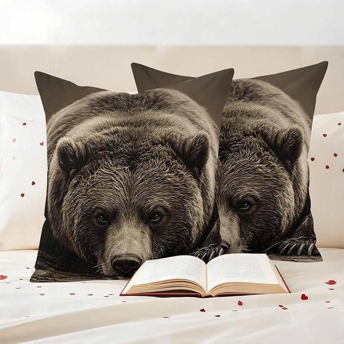 Waterproof Pillow Covers Set of 2,Rustic Brown Grizzly Bear Outdoor Pillow Protectors with Zipper Pillowcases for Patio Tent Garden Beach 24x24 Inches Abstract Forest Wildlife Animal