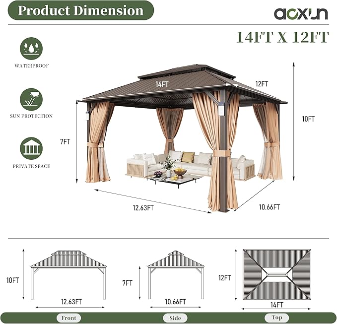 Aoxun 14'x12' Hardtop Gazebo with 4 LED Lights, Outdoor Gazebo with Galvanized Steel Double Roof, Patio Gazebo with Breathable Netting & Privacy Curtain, Decor Hooks for Backyard, Brown
