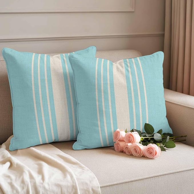 Throw Pillow Covers 18x18 Inch Set of 2, Aqua Beige Striped Waterproof Outdoor Cushion Covers, Modern Farmhouse Retro Lines Decorative Pillowcases for Couch, Sofa, Bed, Garden, Patio