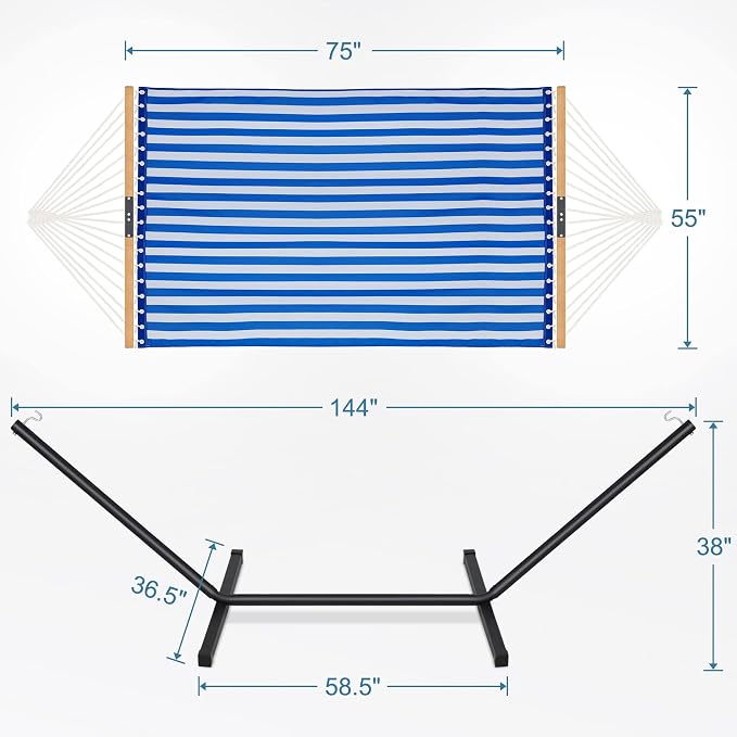 Homgava Two Person Hammock with Stand for Outside Heavy Duty, Outdoor Patio Hammock with Portable Steel Stand, Large Double Hammocks with Quick Dry Textilene Fabric,480lbs Capacity.(Blue White)