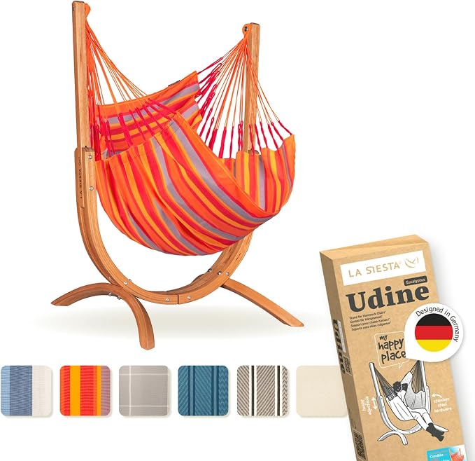 LA SIESTA Udine Outdoor Hammock Chair Set with freestanding Wooden Stand, Double-Size Weather-Resistant Hammock Chair with FSC-Certified Eucalyptus Wood Stand - Toucan