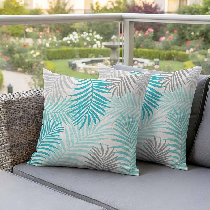 Outdoor Waterproof Throw Pillow Covers, Teal Grey Palm Leaves Decorative Pillow Cases, Summer Botanical Tropical Leaf Couch Pillow Protector Patio Sofa Cushion Covers Replacement 16"x16" 2 Pack