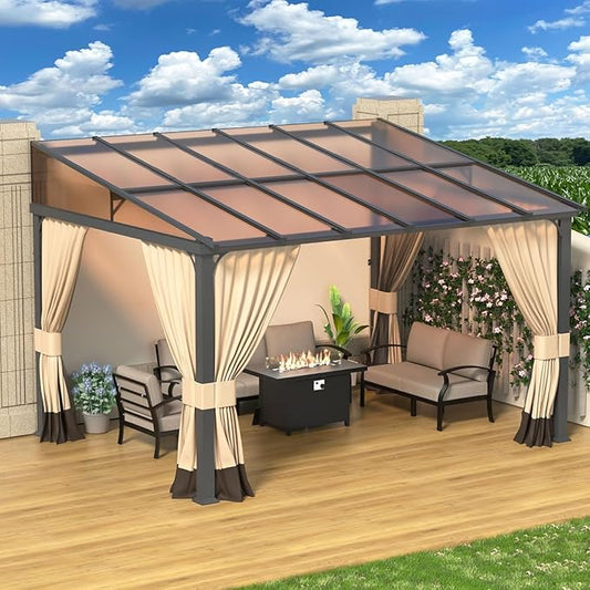 10' x 12' Lean to Gazebo,Large Wall Mount Heavy Duty Gazebos Pavilion,Outdoor Hardtop Pergola Shelter with Curtains and Netting,Sunshade for Patio Garden Lawn Backyard Deck,Brown