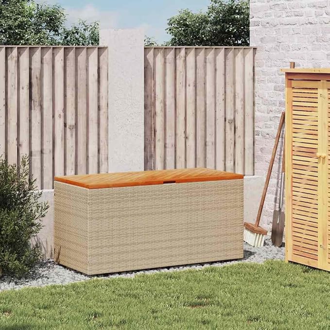 Garden Storage Box, Outdoor Deck Box with Poly Rattan and Acacia Wood, 43.3 inch Rectangular Patio Storage Bin for Cushions and Blankets, Beige and Brown