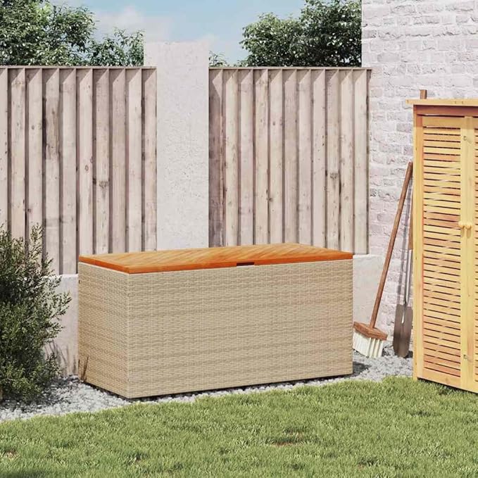 Outdoor Storage Bench with Cushion Box, 43.3"x19.7"x21.3" Patio Furniture, PE Rattan & Acacia Wood Garden Seat, Multi-Functional Deck Box for Pillows Blankets Cushions