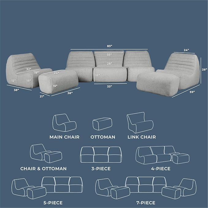 Big Joe Solvana Outdoor Sectional, 7 Piece Patio Furniture Set, Performance Linen Weather-Resistant Fabric Sofa, Port Gray
