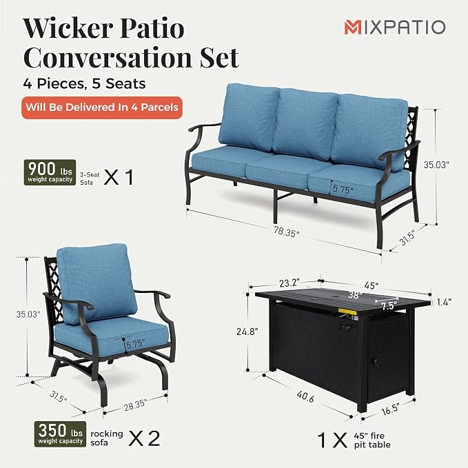 MIXPATIO Patio Furniture Set, 4 Pcs Metal Outdoor Conversation Set, 2 Rocking Chairs and 3 Seater Sofa with 5.75" Extra Thick Cushion and Gas Fire Pit Table for Backyard Deck, Navy Blue