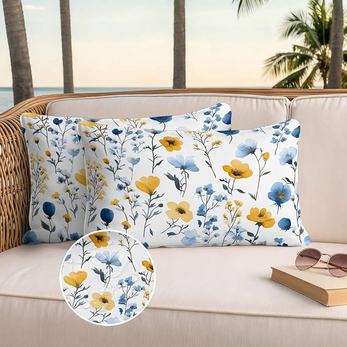 Watercolor Blue Outdoor Waterproof Throw Pillow Covers Set of 2, 20"x12", and Yellow Flower Leaves Spring Plant Decorative Pillow Covers Outside Cushion Case for Patio Porch Garden