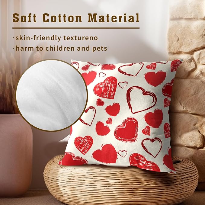Valentine's Day Throw Pillow Covers 22x22 Inch Set of 2, Doodle Red Love Hearts Decorative Pillowcases Square Cushion Cover for Couch Wedding Anniversary Engagement Home Decor