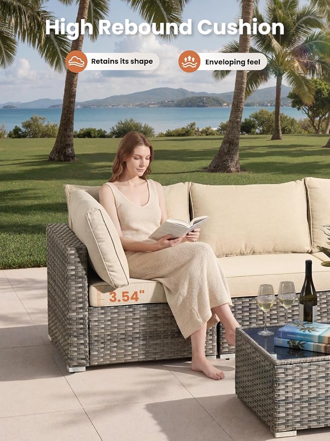 ovios 11 Piece Outdoor Patio Furniture Set with Fire Pit Table,Conversation Sectional Wicker Couch with Swivel Chairs,Modern Outside Sofa for Balcony Backyard, Grey