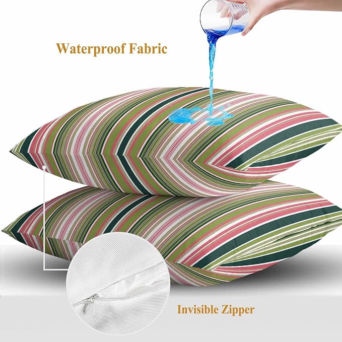 Outdoor Waterproof Throw Pillow Covers Set of 2 Sage Green Striped Pillowcases 24x24 Inches Geometric Pink Stripes Decorative Pillows Cushion Case Patio Pillows for Couch Bed Chair Garden
