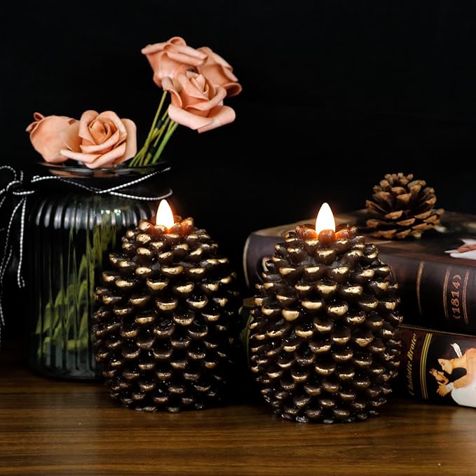 DRomance Flameless Pinecone Candles Battery Operated with 6 Hour Timer Set of 2 Real Brown Wax Flat Wick LED Flickering Pillar Candles Christmas Holiday Decor(Brown, 3.5 x 4.7 Inch)