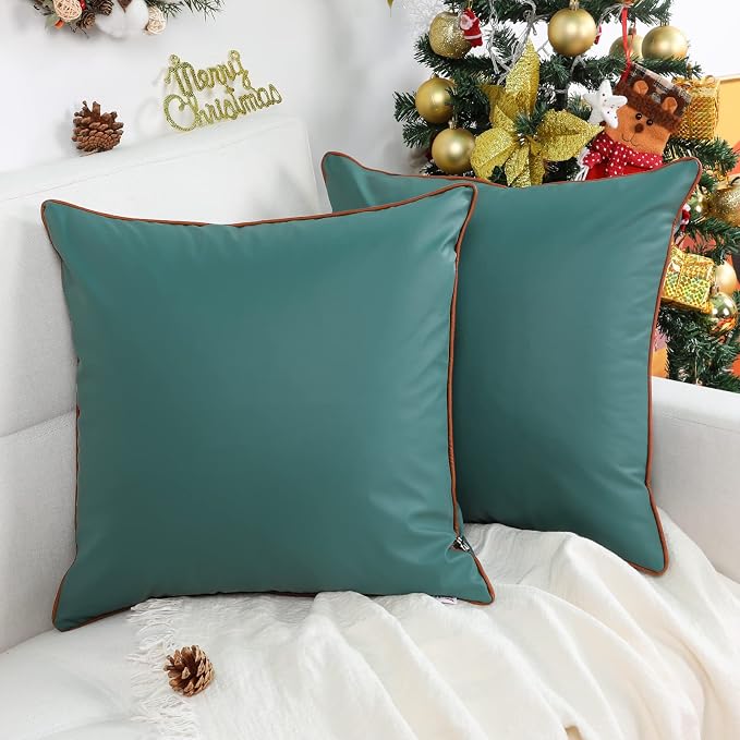 Outdoor Waterproof Pillow Covers Silicone Leather Garden UV Fade Resistant Pillowcases Decorative Square Solid Cushion Cases for Patio Porch Couch Dark Green 18x18 Inch, Pack of 2