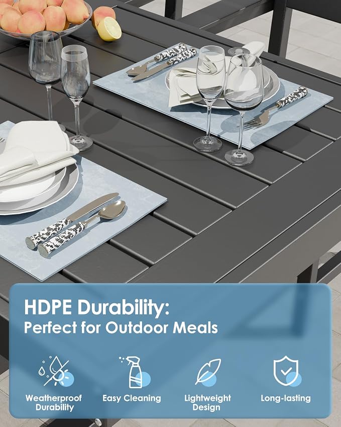 K Knowbody 5-Piece Outdoor Patio Dining Table and Chairs Set, Seats 4 | Steel-Reinforced HDPE, 100 lb/sq ft Load Capacity, 2-Inch Umbrella-Ready Tables, All-Weather, Fade-Resistant, Charcoal Black