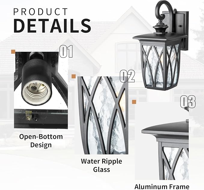 Outdoor Porch Light Wall Mount,18'' Exterior Waterproof Wall Lighting Fixtures,Wall Sconce Light with E26 Socket & Water Ripple Glass Shades, Matte Black Outside Wall Lantern for Patio Front Door