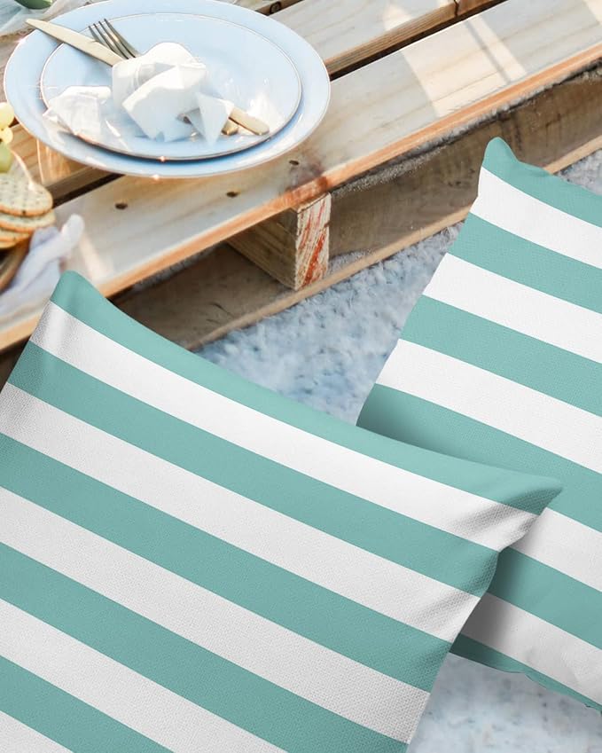 Outdoor Waterproof Pillow Covers for Patio Furniture Solid Striped Decorative Throw Pillow Cover Teal Blue Pillowcases Set of 2 Cushion Case for Sofa Couch Chair Home Decor 20 x 20 Inches