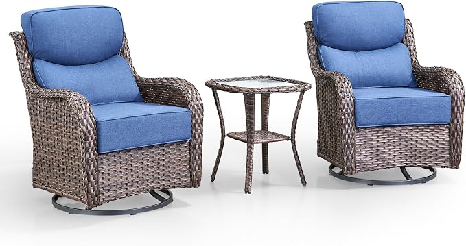 Swivel Patio Chairs Set of 3 with 6" Thick Cushion - Wicker Outdoor Swivel Rocker Patio Chairs with Side Table, High Back Comfortable Outdoor Glider Chair - Brown Wicker Blue Cushion
