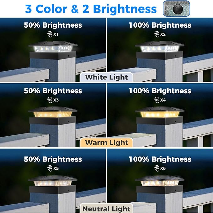 4x4in Solar Post Cap Lights Outdoor with 3 Modes, 8 Packs Fence Light Solar Powered Waterproof for Wood/Vinyl Posts for Deck Yard Garden Patio Outside